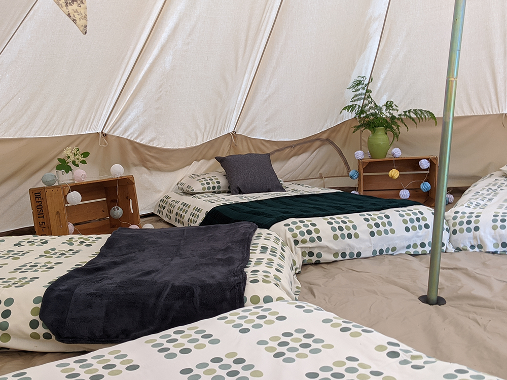 Inside of a glamping tent with beds